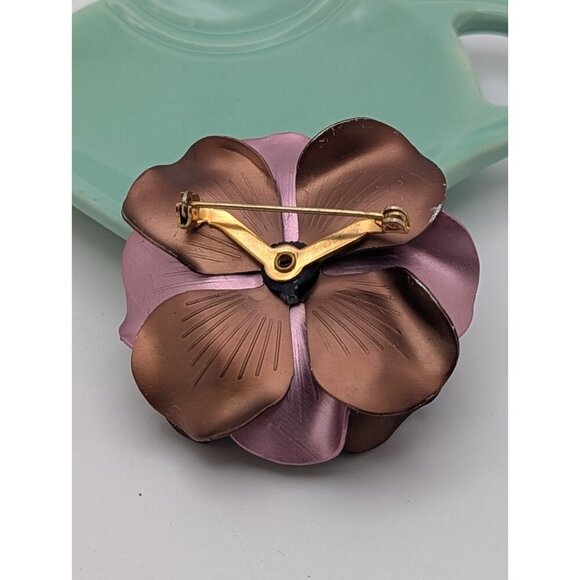 VTG Metal Enamel Flower Brooche Pin Satin Pink Brown Fucsia Rhinesto Large 2.5" - Picture 6 of 8